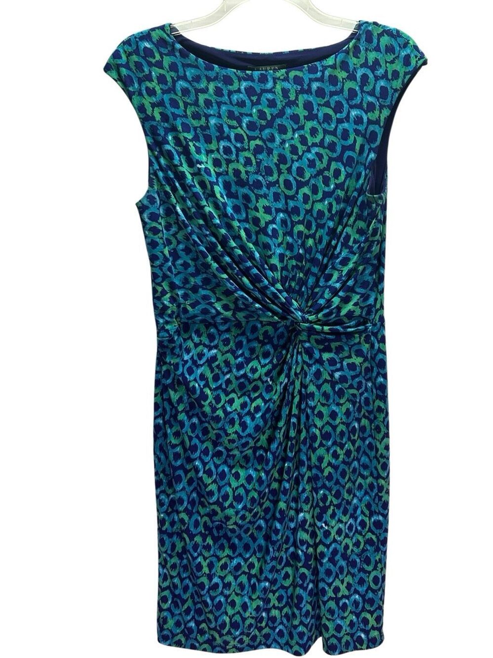 Lauren Ralph Lauren Navy Green Abstract Print Ruched Wrap Dress Cap Slv Size 8
